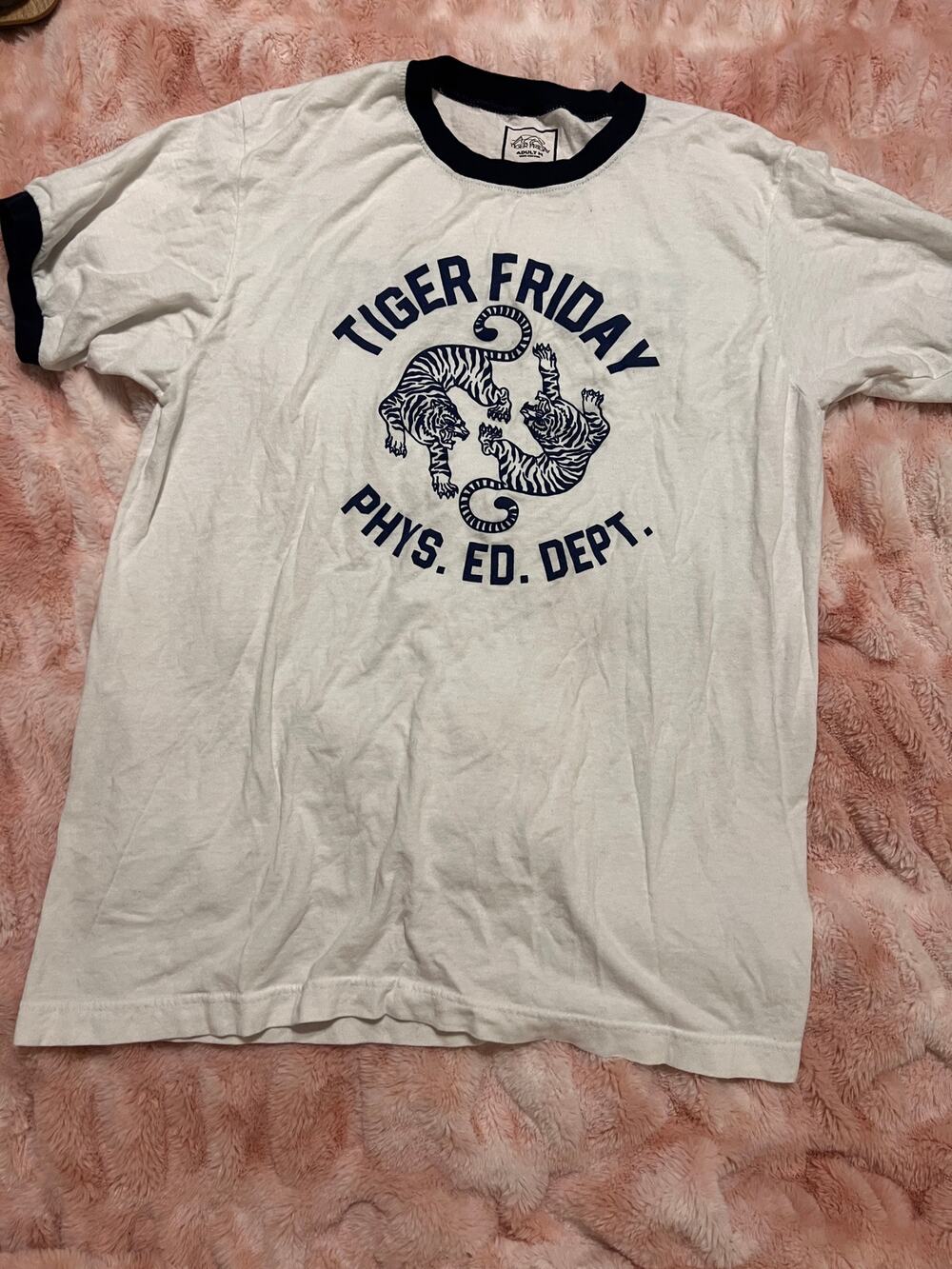 Tiger Friday Adult M Phys Ed Dept Graphic Ringer Tee White Navy 100% Cotton